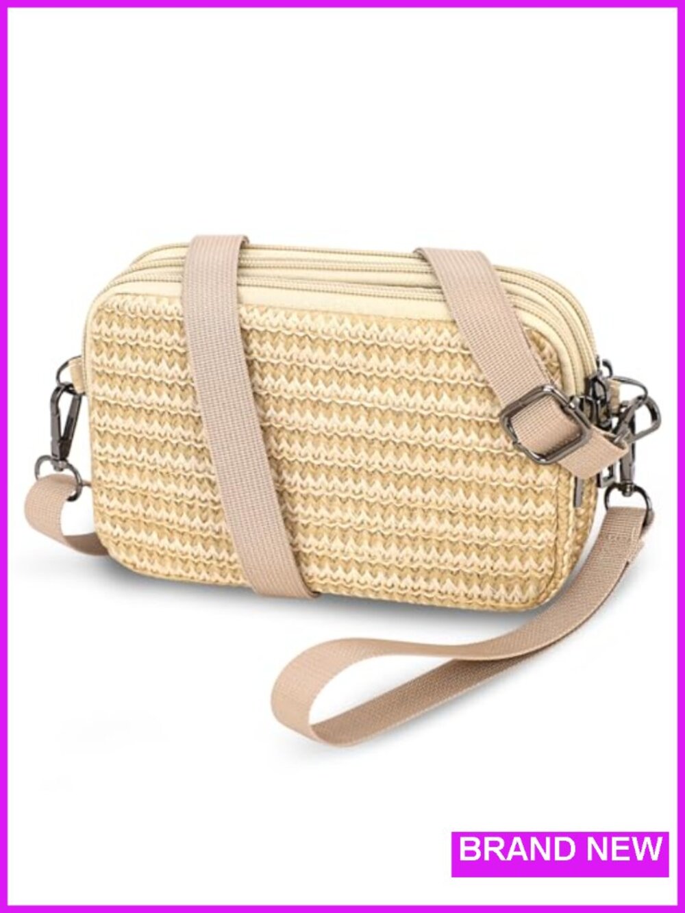 Woven Straw 3-Zip Crossbody Wristlet Wallet with Card Slots